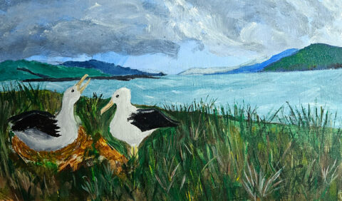 Painting of a Northern Royal Albatross pair at the nest.