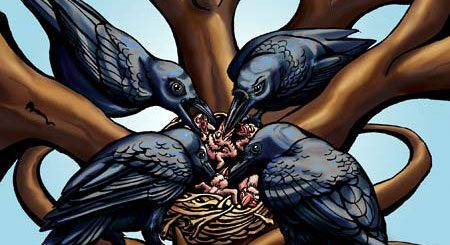 A pair of American Crows raising their nestlings is often assisted by young from previous years. This drawing of a pair of crows and two helpers feeding nestlings is based on a photograph taken by Kevin McGowan.