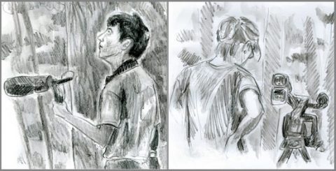 students doing field work - sketch by abby mcbride