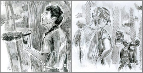Students doing field work; sketches by Abby McBride