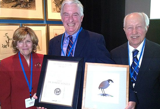 2013 Allen Award recipient Robert Ridgely, center, with two past recipients, Linda Macaulay and Victor Emanuel. P