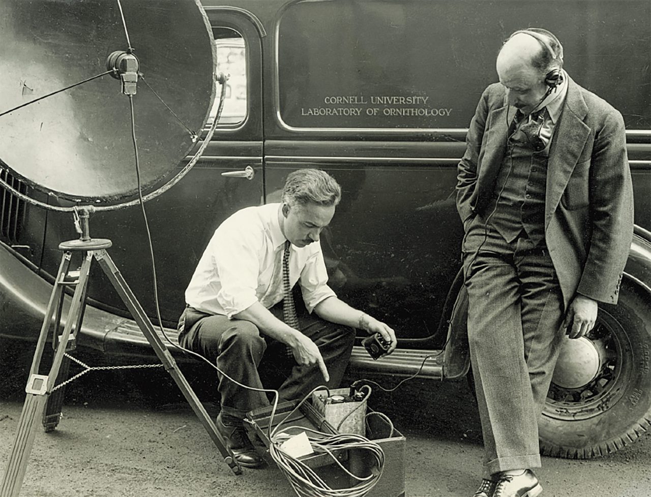 Peter Paul Kellogg (left) and Albert Brand with early 1930s sound-recording equipment. Photo from the Cornell Lab Archives.