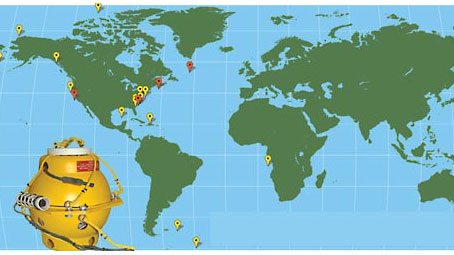 Underwater recording units, or “pop-ups” (pictured at left), have helped our Bio­acoustics Research Program learn about nearly every species of whale in the oceans. Map pins show research locations; orange pins refer to pop-ups described below.