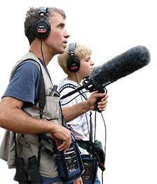 Rob and John Cahill using a shotgun microphone. The fuzzy windscreen makes the sound clearer.