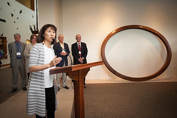 Maya Lin speaks during the dedication of the Sound Ring at the Cornell Lab. Photo by Jason Koski, Cornell University Photo