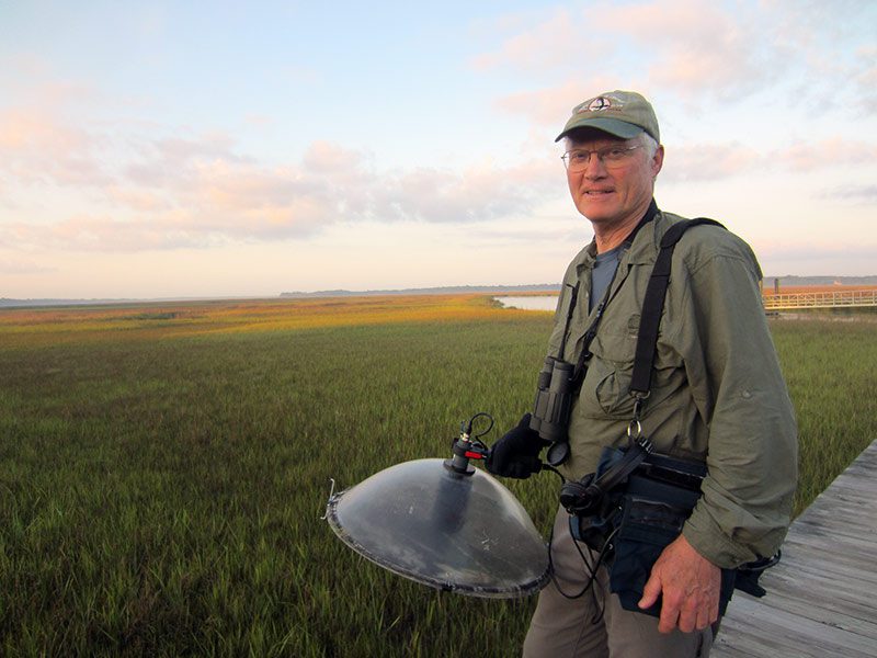 Kroodsma says he loves the new light-weight digital technology which allows him to record for hours at a time. Photo by Janet Grenzke.