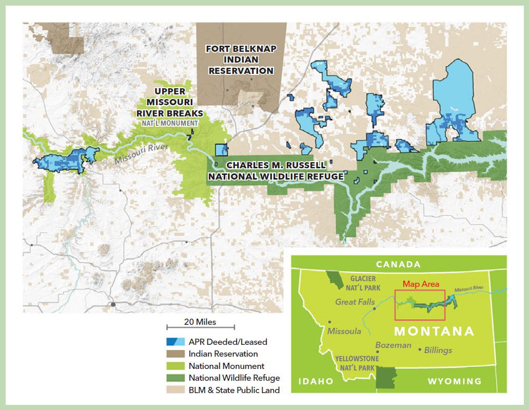 The American Prairie Reserve lands in Montana. Map courtesy of American Prairie Reserve.