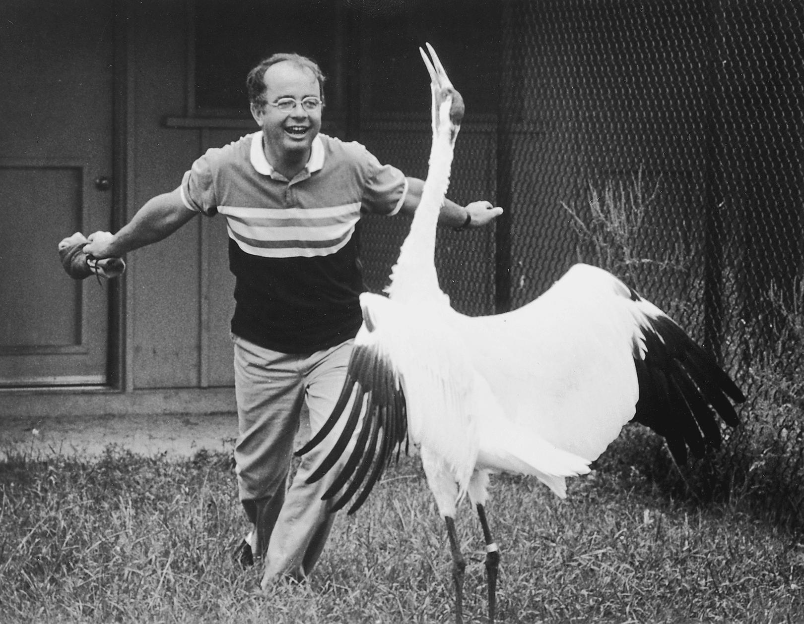George Archibold dances with a crane in 1983. Photo courtesy the International Crane Foundation.