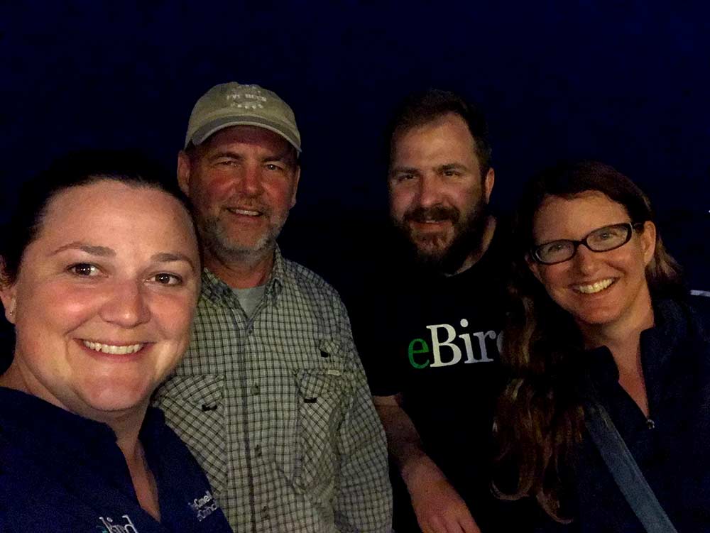 Team Florida has 131 species, and possibly a new county record. From left to right: Jessie Barry, Steve Kelling, Drew Weber, Heather Wolf.