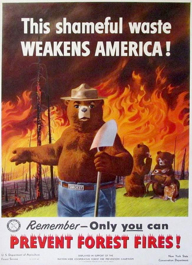 Smokey Bear’s PR success in the 20th century created a widespread misconception that fires are unnatural. Today U.S. Forest Service PR campaigns focus instead on living safely with fire. Poster from the U.S. Department of Agriculture, Forest Service, 1952.