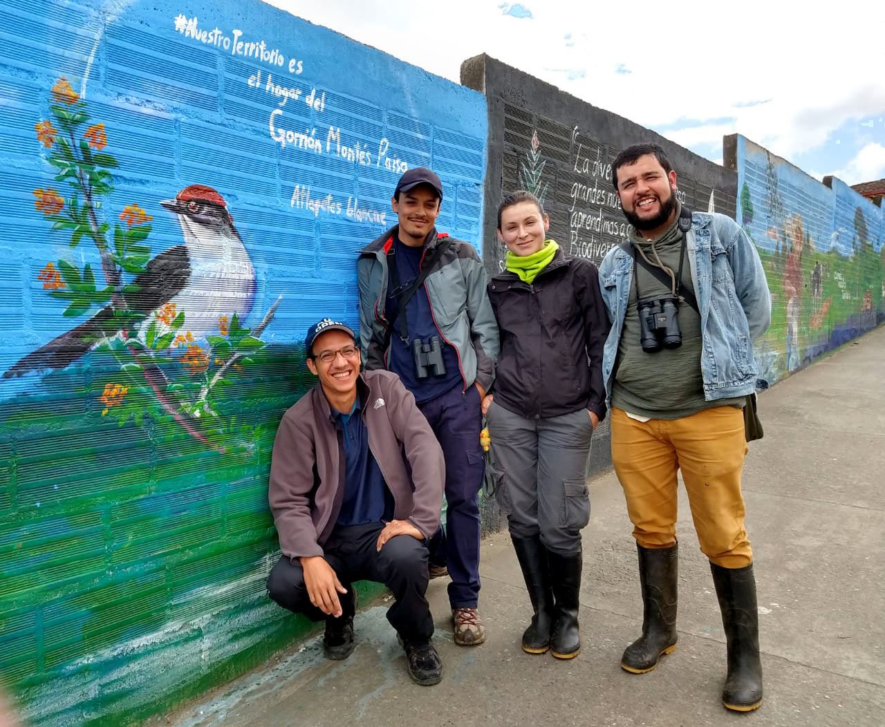 The Antioquia Brushfinch was officially rediscovered for science by the teamwork of (left to right) biology professor Juan L. Parra, ornithologist Sergio Chaparro-Herrera, biologist Andrea Lopera-Salazar, and birder Rodolfo Correa Peña. Photo by Andrea Lopera-Salazar.