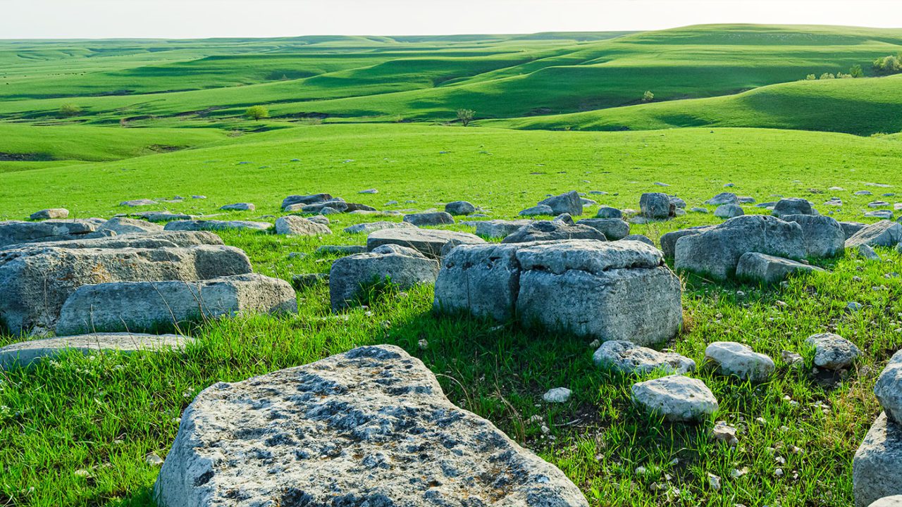 Tallgrass Prairie in the Flint HIlls with boulders. Photo by Jonathan Fiely.