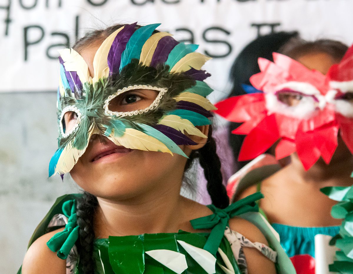 Children dressed up in bird costumes to perform original plays as part of the “Celebra las Aves en la Amazonía Peruana” project at a community event in the Peruvian Amazon.. Photo by Marilú López-Fretts.