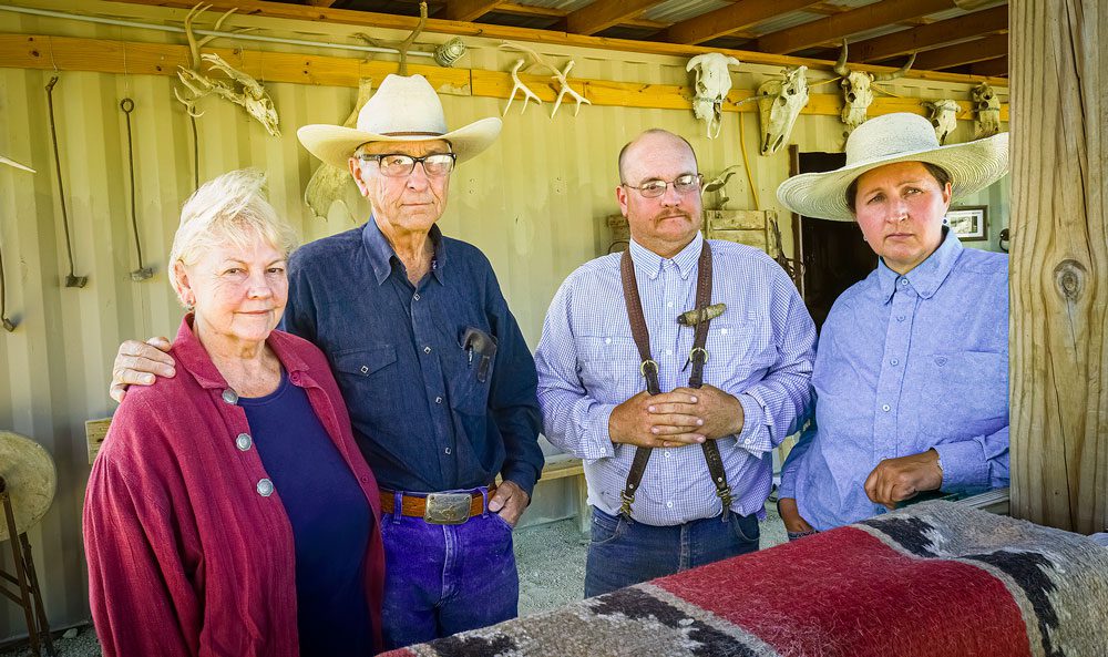 Family portrait: The fourth- and fifth-generation ranchers of the Hoy family (from right: Gwen, Josh, Jim, and Cathy, who passed away in July 2019) are at the forefront of advocating for conservation of the tallgrass prairie landscape in the Kansas Flint Hills. Photo by Jonathan Fiely.