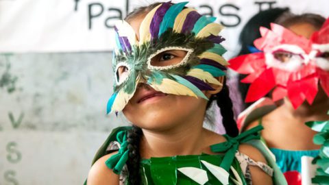 Children dressed up in bird costumes to perform original plays as part of the “Celebra las Aves en la Amazonía Peruana” project at a community event in the Peruvian Amazon.. Photo by MARILÚ LÓPEZ-FRETTS