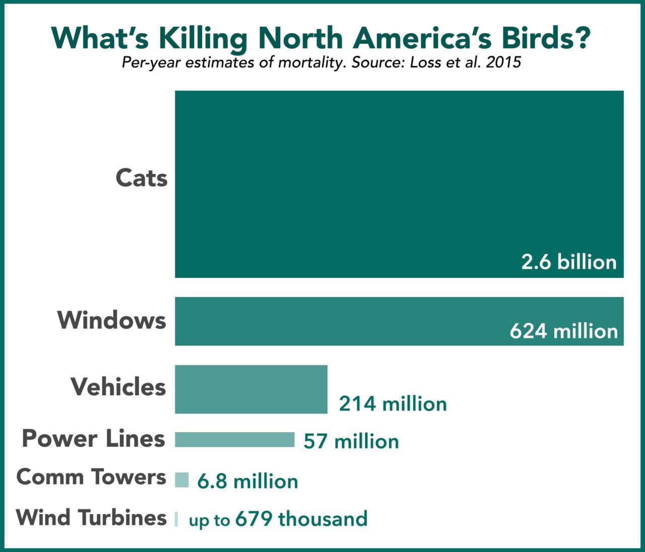 Estimates of annual bird deaths from specific human-related causes (other than habitat loss) in the United States and Canada. Source: Loss et al. 2015.