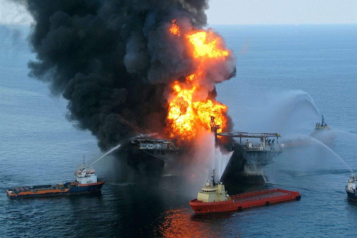 Scenes from 2010: the Deepwater Horizon oil rig on fire. Photo courtesy of the U.S. Coast Guard.