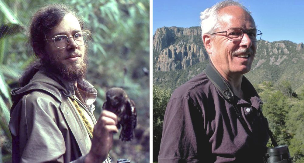 Today Tom Schulenberg is an editor of the Cornell Lab’s Birds of the World online encyclopedia, but back in the 1970s he was a scruffy Louisiana State University graduate student exploring South America’s birds. Photos: on left Schulenberg holds a Yungas Pygmy-Owl in Peru, by Philip Barbour; on right, Schulenberg birding in Big Bend National Park in Texas by Michi Schulenberg.