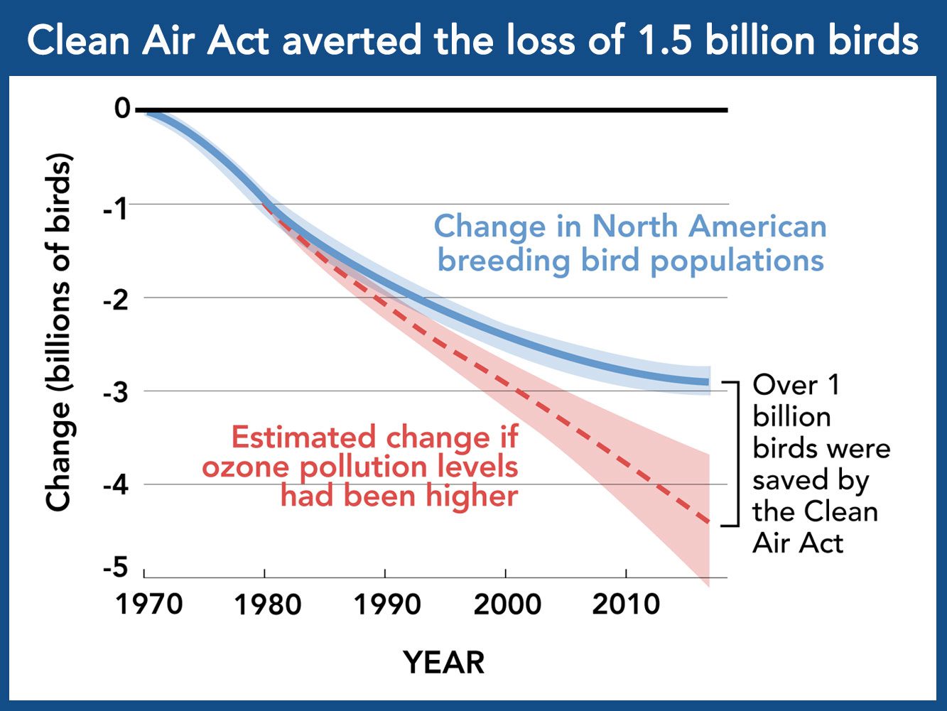 A study by scientists and economists from Cornell University and the University of Oregon found that improved air quality under the Clean Air Act averted the loss of 1.5 billion birds. Source: Conservation cobenefits from air pollution regulation: Evidence from birds, PNAS, Dec. 8, 2020.