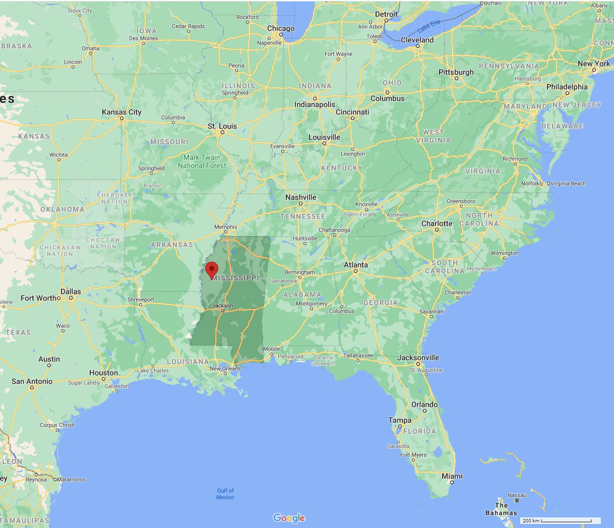 Indianola, Mississippi, indicatedby the red marker, lies in the fertile Mississippi Delta. It is also the birthplace of legendary bluesman B.B. King. Map from Google Maps.