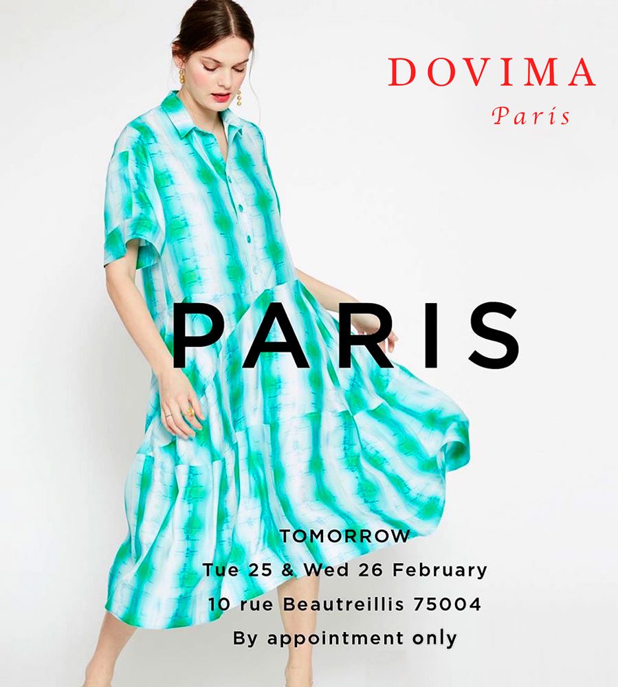 Model wears a Dovima dress with pattern inspired by White Stork recordings. Photo courtesy of Dovima Paris.