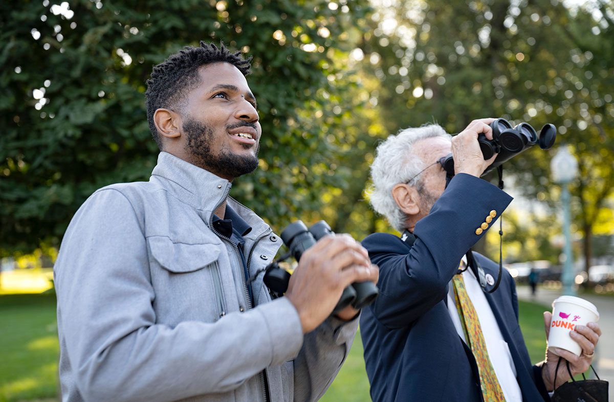 In late October 2020, California Congressman Alan Lowenthal (right) joined James in a bird walk that turned up 20 species within three blocks of the Capitol. Photo by Chris Linder.