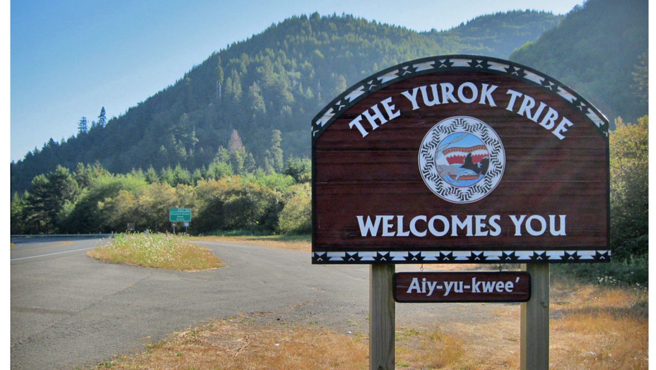 Welcome sign to the area, "The Yurok tribe welcomes you." Photo by MPSharwood/WIkimendia.