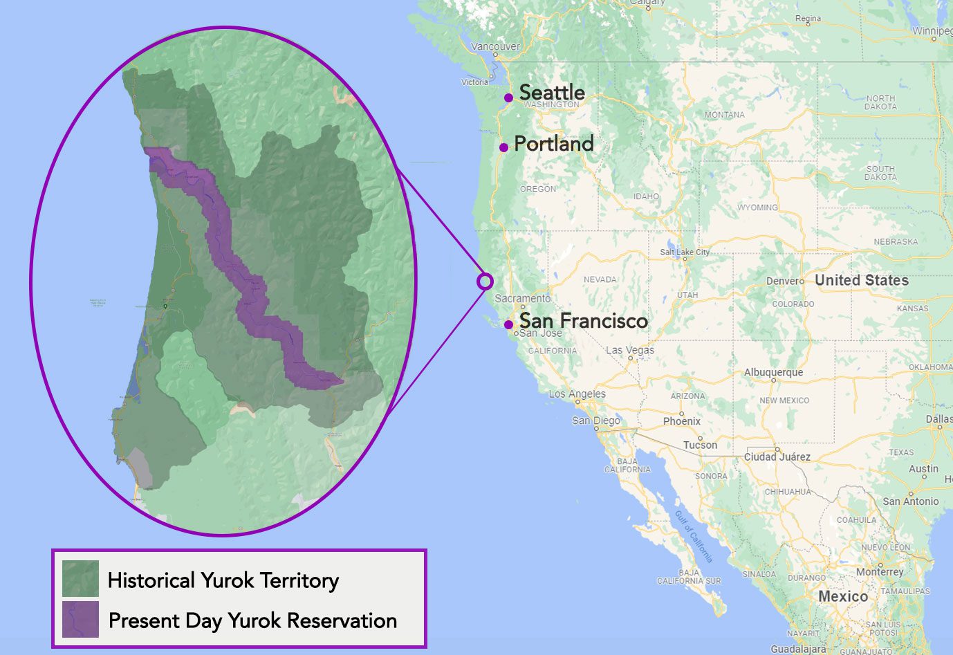 Map showing Yurok ancestral lands and current reservation.