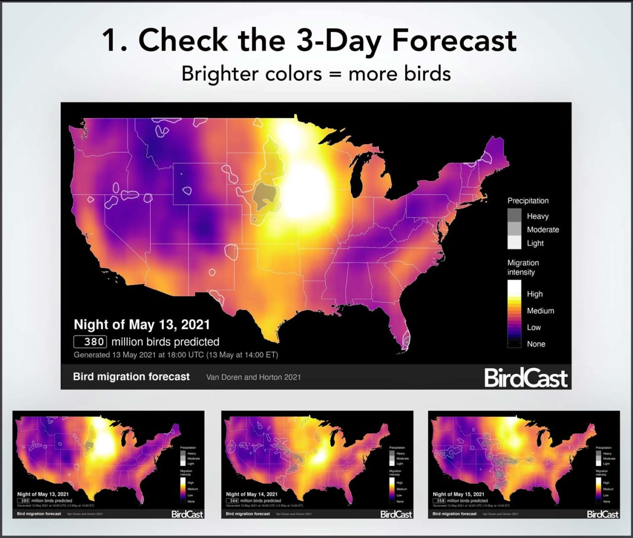 four maps of the Lower 48 U.S. indicating migration activity in shades of purple, orange, and yellow