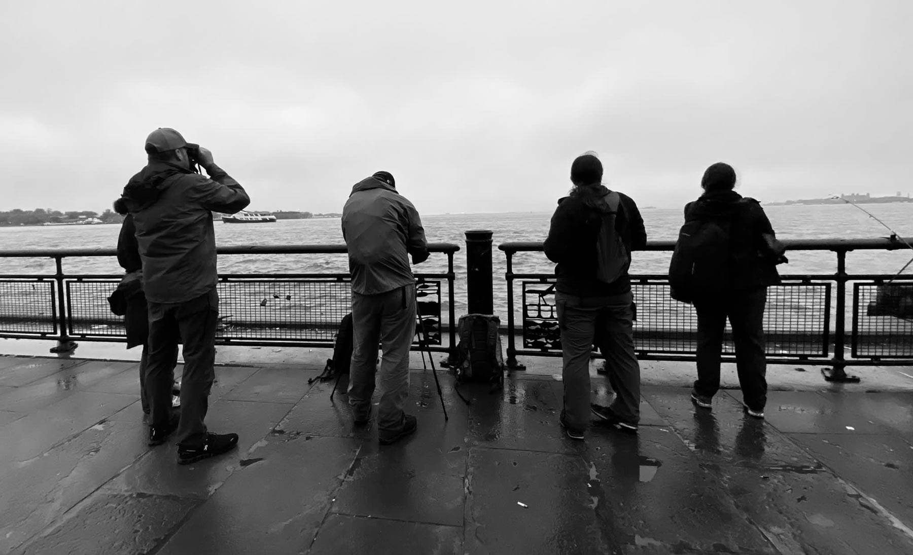 black-and-white photo of five birdwatchers standing on a waterfront looking over the water
