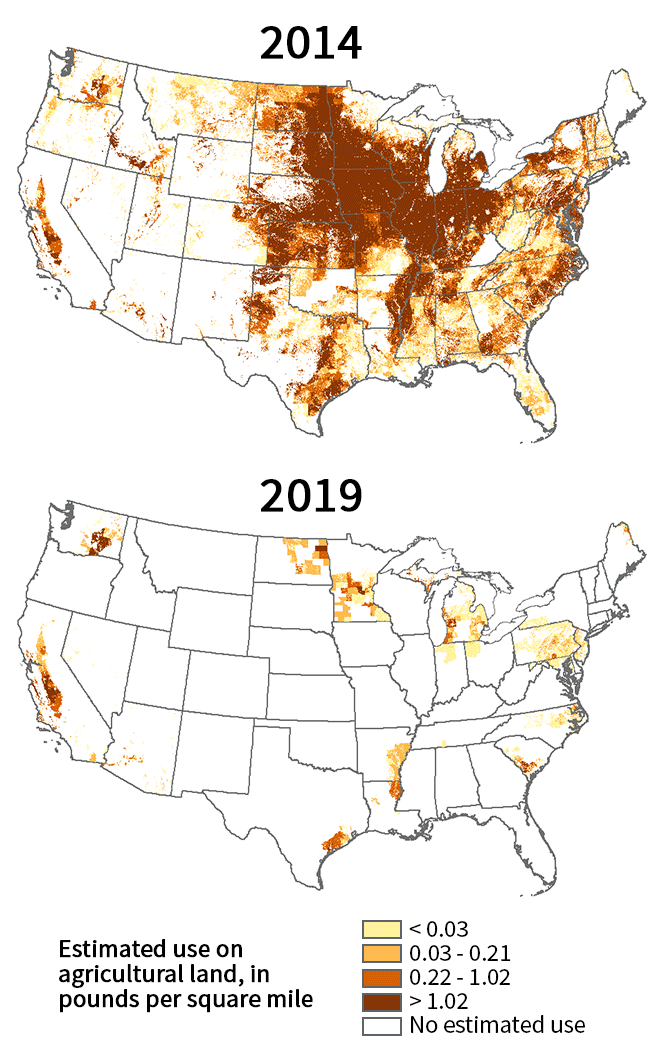 Estimated use on U.S. agricultural land of clothianidin, a neonicotinoid pesticide, in 2014 and 2019
