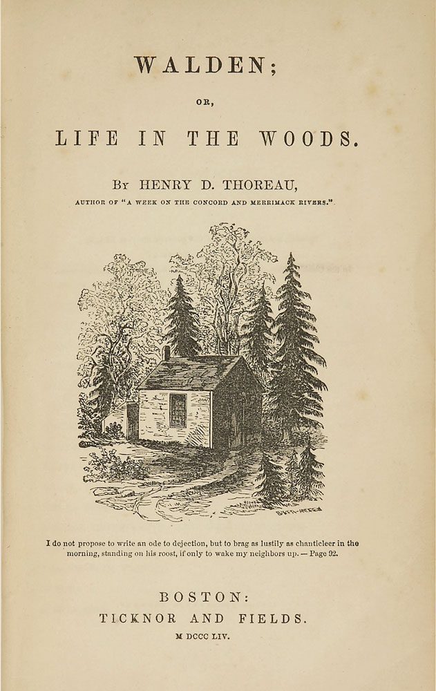 The cover of Walden; or Life in the Woods, by Henry D. Thoreau. The cover includes a drawing of a small cabin with trees behind it.