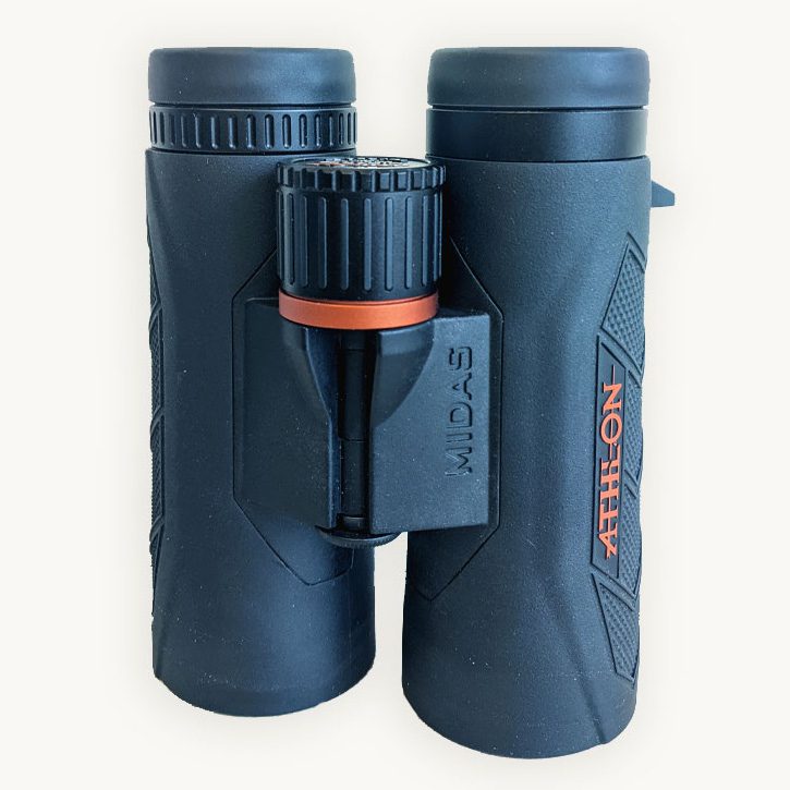 Dark gray binoculars with orange details.