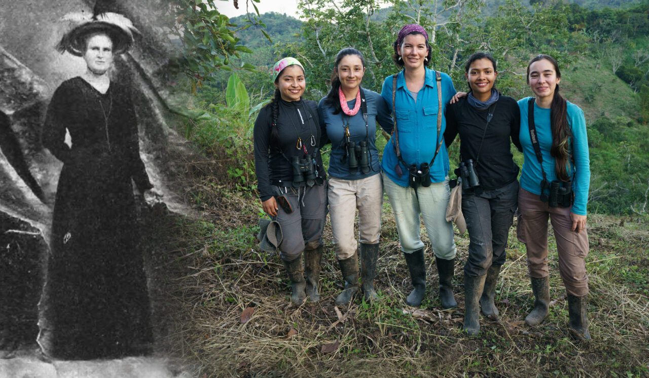 montage of black and white photo of a woman from 1912 and a color photo of a team of 5 women in Colombia forest 
