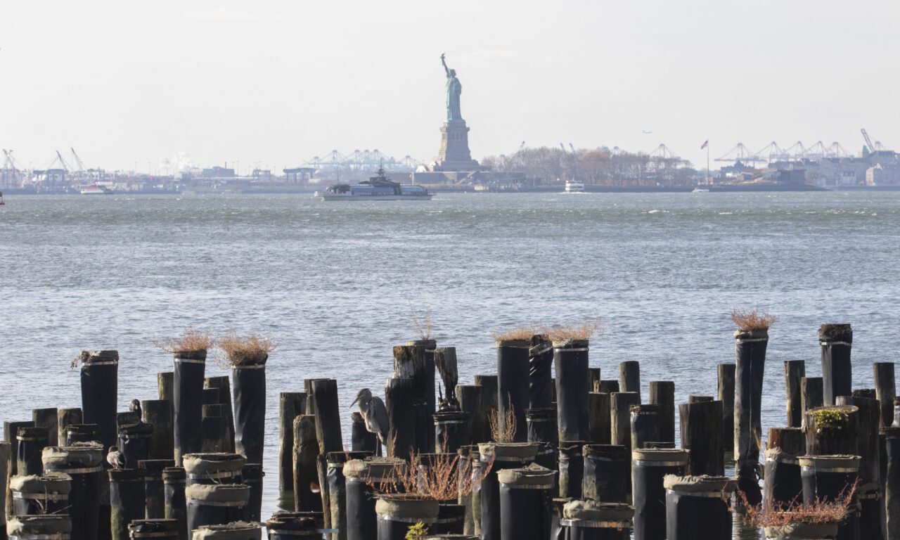 Vista of the Statue of Liberty, with a large heron in the foreground on pilings.