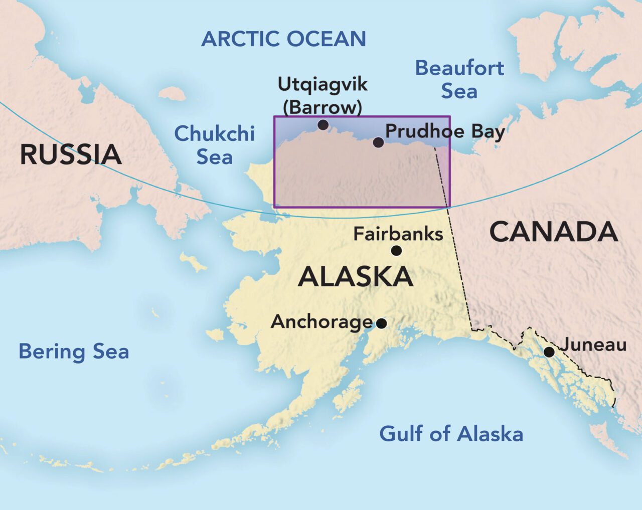 Map of Alaska noting some of the main places in the article