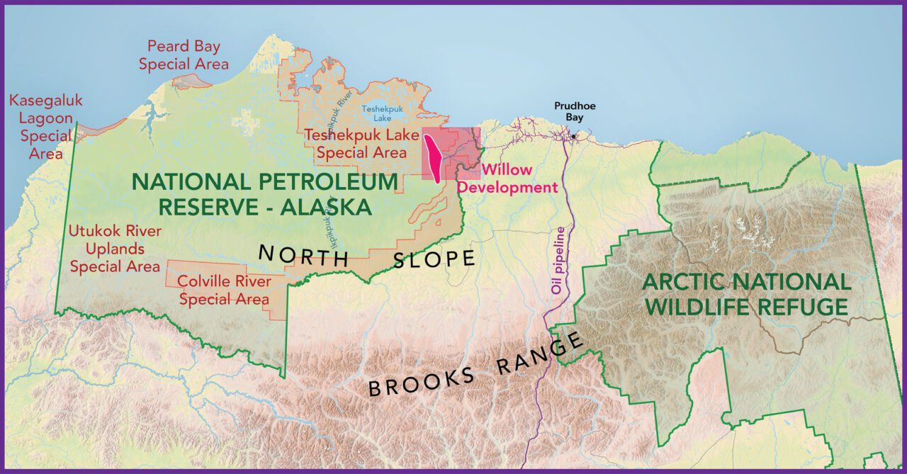 Map showing location of National Petroleum Reserve-Alaska containing five Special Areas and proposed Willow oil development; and Arctic National Wildlife Refuge to the east.