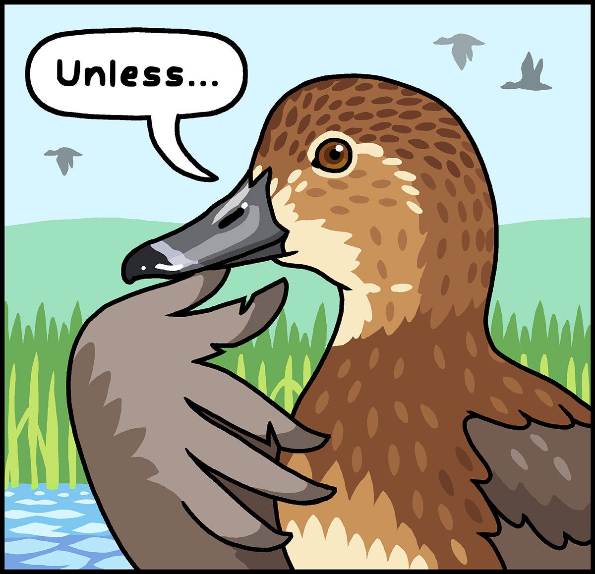 Cartoon of duck thinking "Unless..."