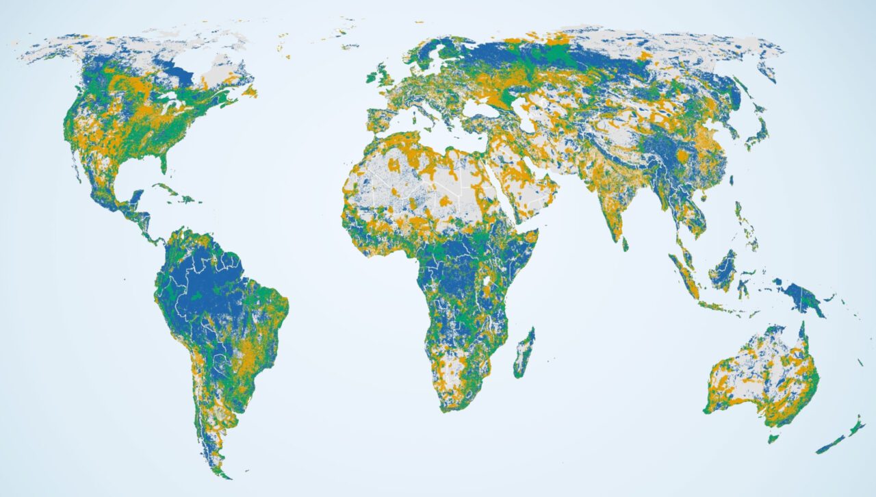 Map of the world highlighting three different kinds of areas important for biodiversity and for nature’s contributions to people.