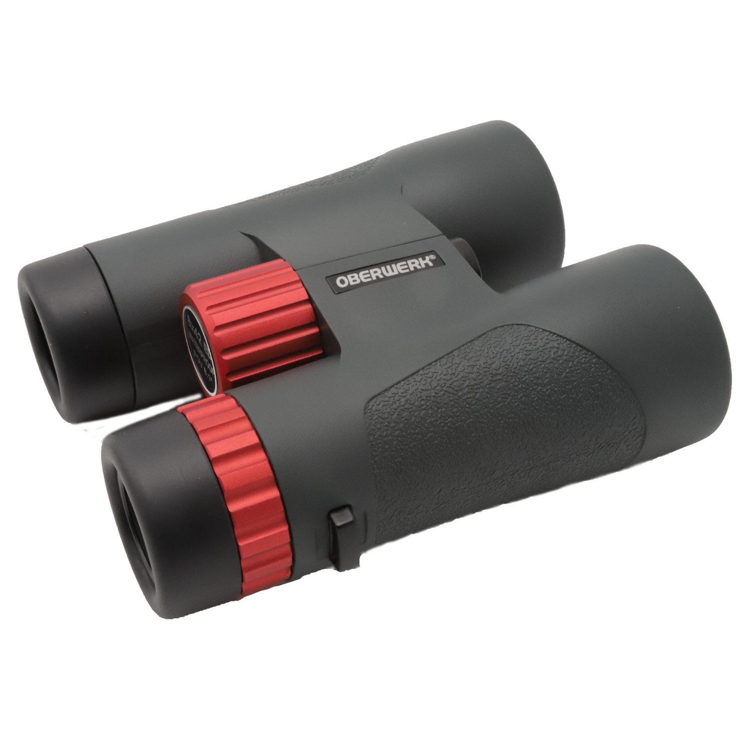 oblique view of a pair of roof prism binoculars with red highlights and "Oberwerk" brand name.